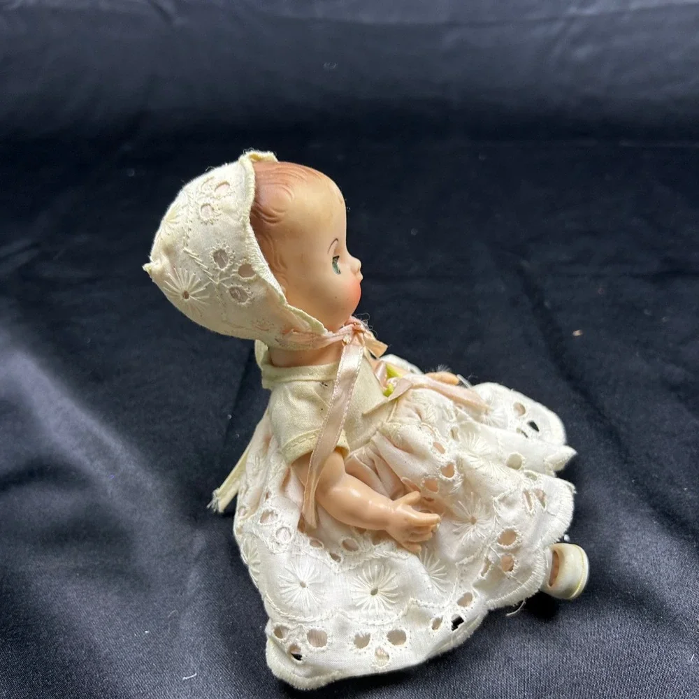 Vintage Miniature Baby Doll with Sleep Eyes Eyelet Lace Dress and Bonnet Cream